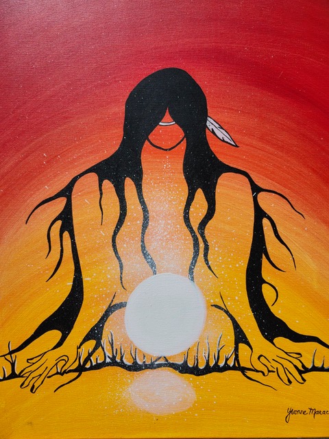 This painting is by a local Indigenous Artist, Yvonne Maracle. The title of the paining is: Rising, and is a self-portrait. It represents Yvonne’s story of rising from the negative treatment of others and realizing that she is stronger than those who have belittled and hurt her in the past. 
<br>Let us pray for the healing of all our Indigenous sisters and brothers who have been hurt by others, as well, we pray for their families. <br>Teresa DiFalco, Hamilton Diocesan President.